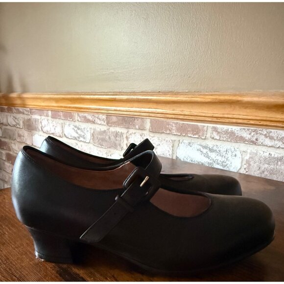 Kumfs Ladies Black Leather Mary Jane Dance Shoes Buckle Strap & Cuban Heel Munro - Picture 2 of 9